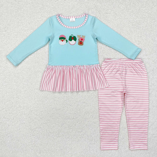 GLP1770 Santa Deer Embroidery Blue Top Pink Stripes Pants Girls Christmas Clothes Sets