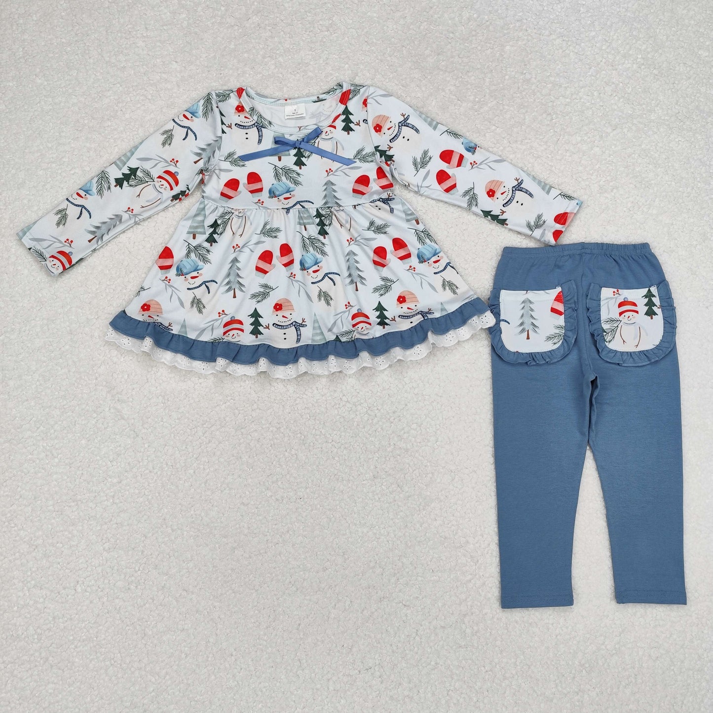 GLP1778 Snowman Holly Ruffle Tunic Top Pockets Blue Pants Girls Christmas Clothes Set