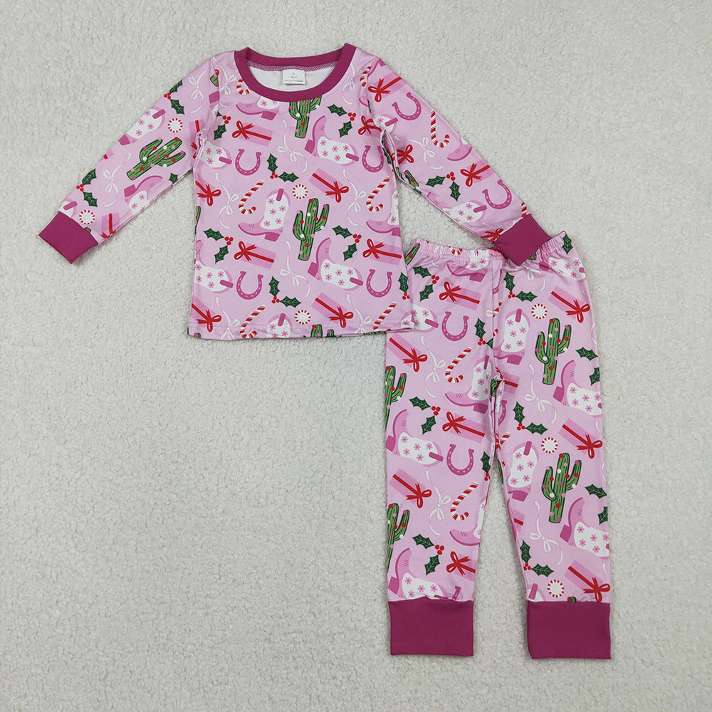 GLP1783 Cactus Boots Holly Bows Candy Cane Print Girls Christmas Pajamas Clothes Set