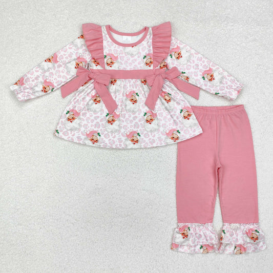 GLP1795 Santa Leopard Pink Tunic Top Ruffle Pants Girls Christmas Clothes Set