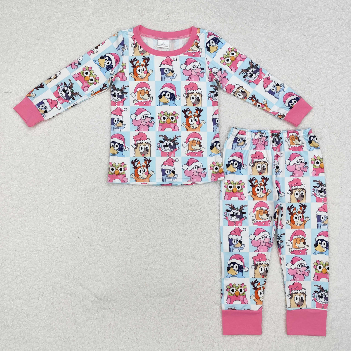 GLP1805 Cartoon Dog Checkered Print Girls Christmas Pajamas Clothes Set
