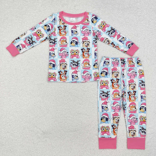 GLP1805 Cartoon Dog Checkered Print Girls Christmas Pajamas Clothes Set