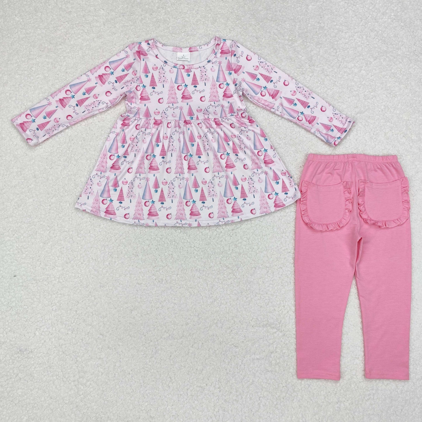 GLP1814 Tree Lights Pink Tunic Top Pockets Pants Girls Christmas Clothes Set