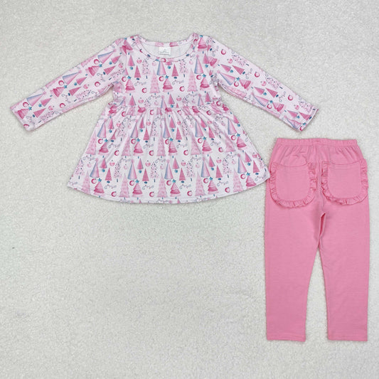 GLP1814 Tree Lights Pink Tunic Top Pockets Pants Girls Christmas Clothes Set