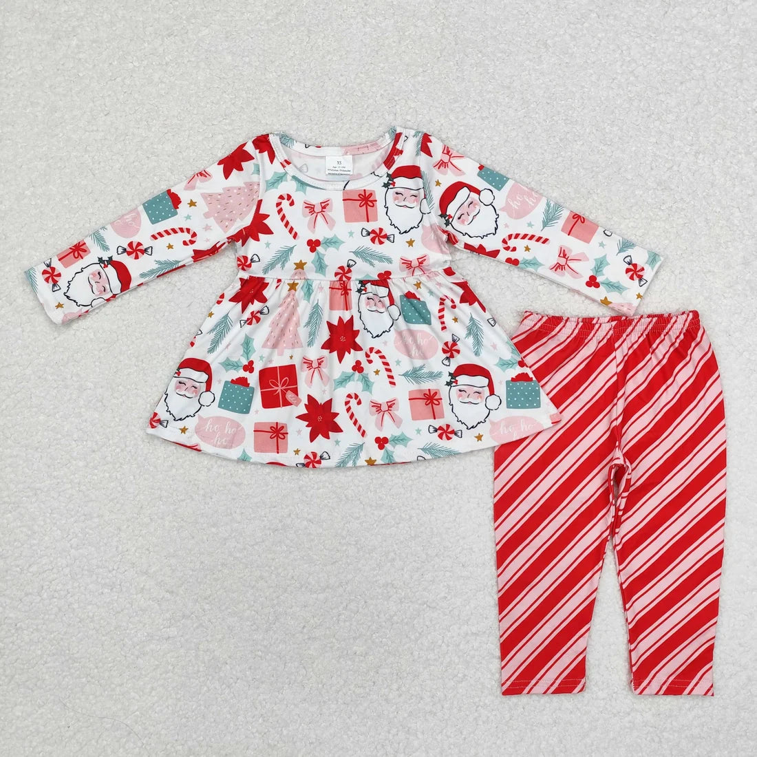 Sibling Baby Girls Long Ruffle Sleeves Santa Trees Bows Tunic Pants Christmas Clothes Sets