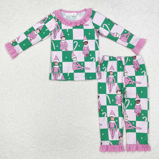 GLP1843 Cartoon Shelf Checkered Print Girls Christmas Bamboo Pajamas Clothes Set