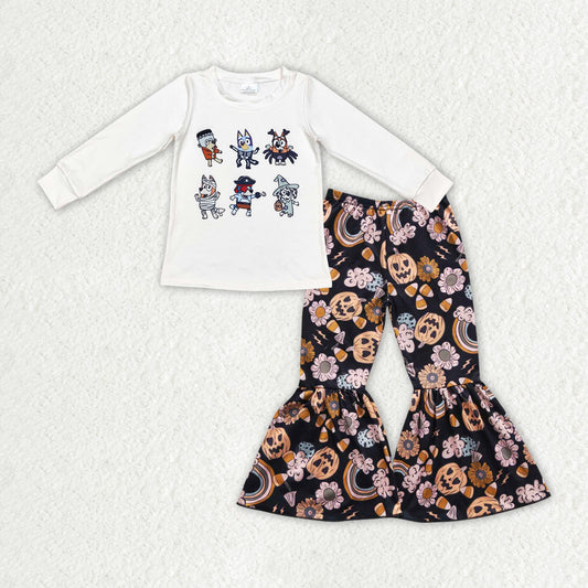 GLP1846 Cartoon Dog White Top Pumpkin Flowers Candy Bell Pants Girls Halloween Clothes Set