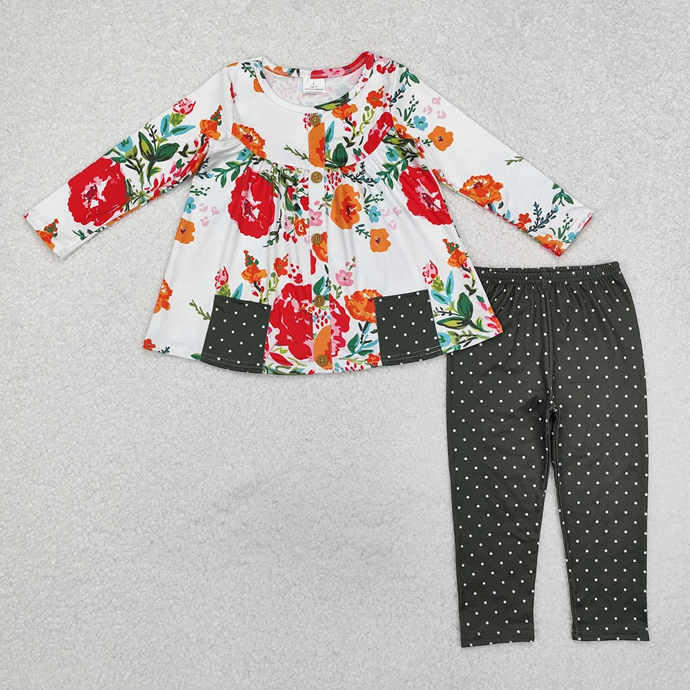 Sibling Baby Girls Floral Tunic Top with Polka Dot Leggings Outfit