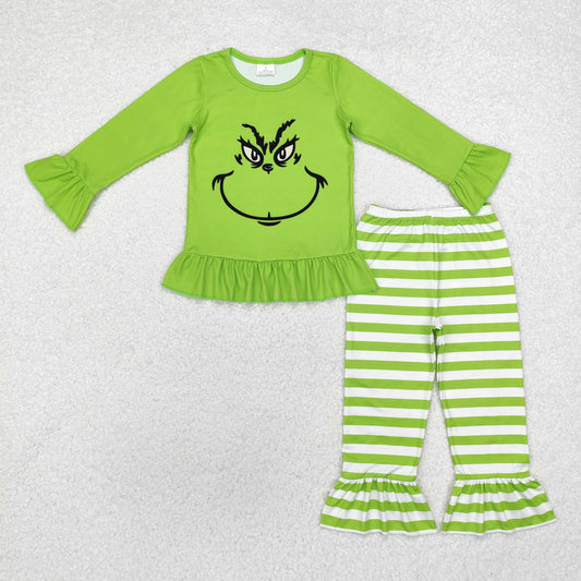 GLP1862 Green Frog Smiling Top Stripes Pants Girls Christmas Clothes Set
