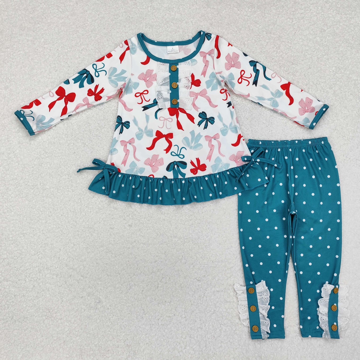 GLP1877 Red Bows Ruffle Tunic Top Dots Pants Girls Christmas Clothes Set