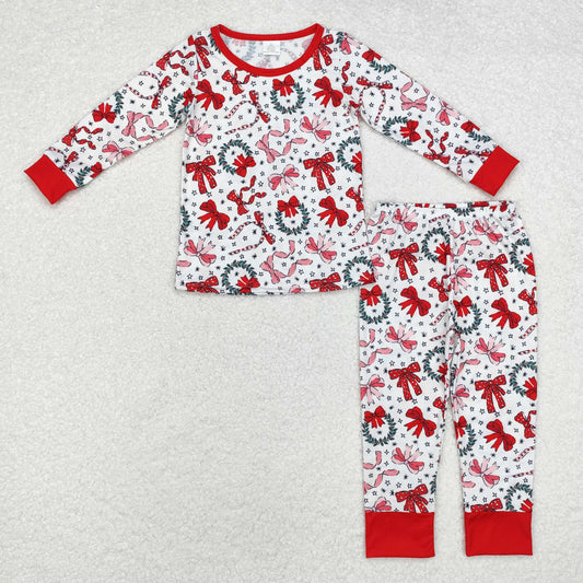GLP1879 Red Bows Stars Print Girls Christmas Pajamas Clothes Set