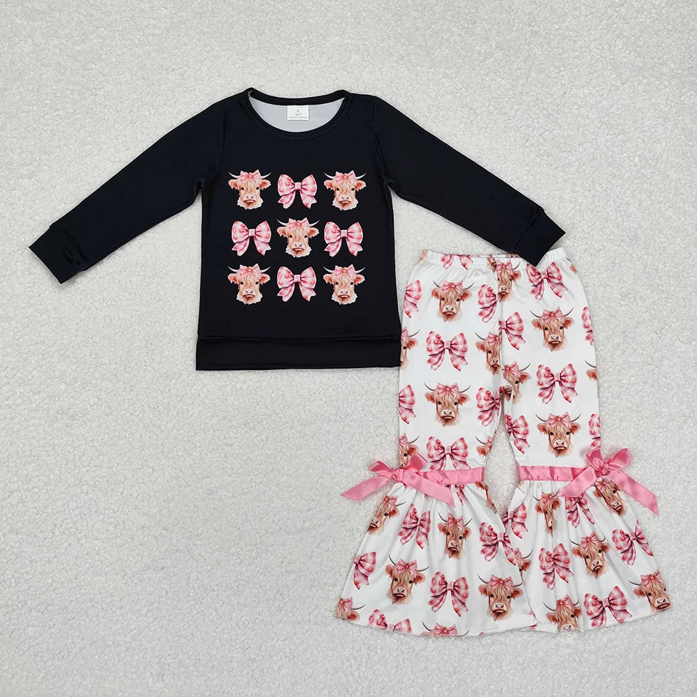 Sibling Baby  Girls Highland Cow Bow Bell Bottom Pants Outfit Romper