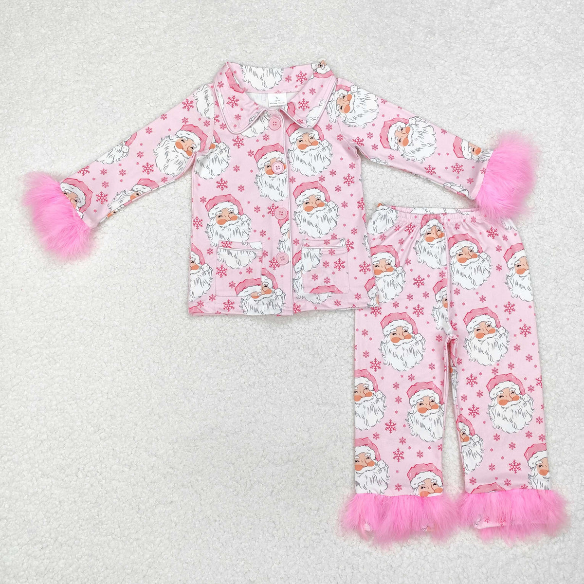 GLP1900 Santa Pink Print Girls Christmas Buttons Fur Pajamas Clothes Set