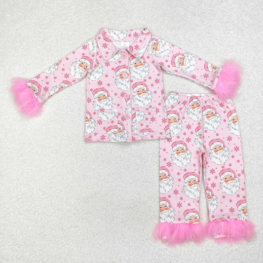 GLP1900 Santa Pink Print Girls Christmas Buttons Fur Pajamas Clothes Set
