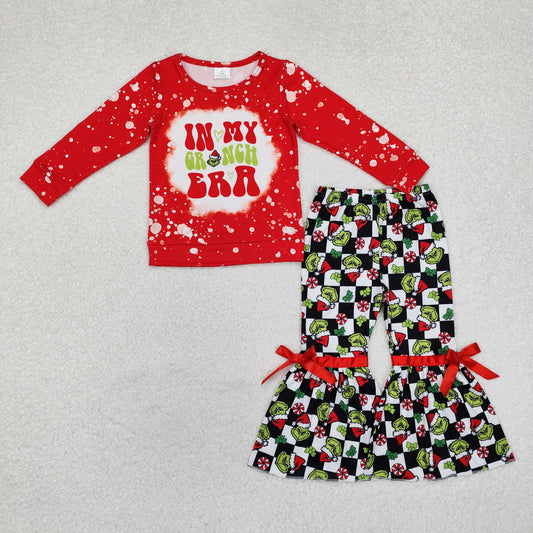 GLP1902 Green Frog Red Top Checkered Bell Pants Girls Christmas Clothes Set