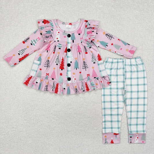GLP1998 Tree Pockets Tunic Top Checkered Pants Girls Christmas Clothes Set