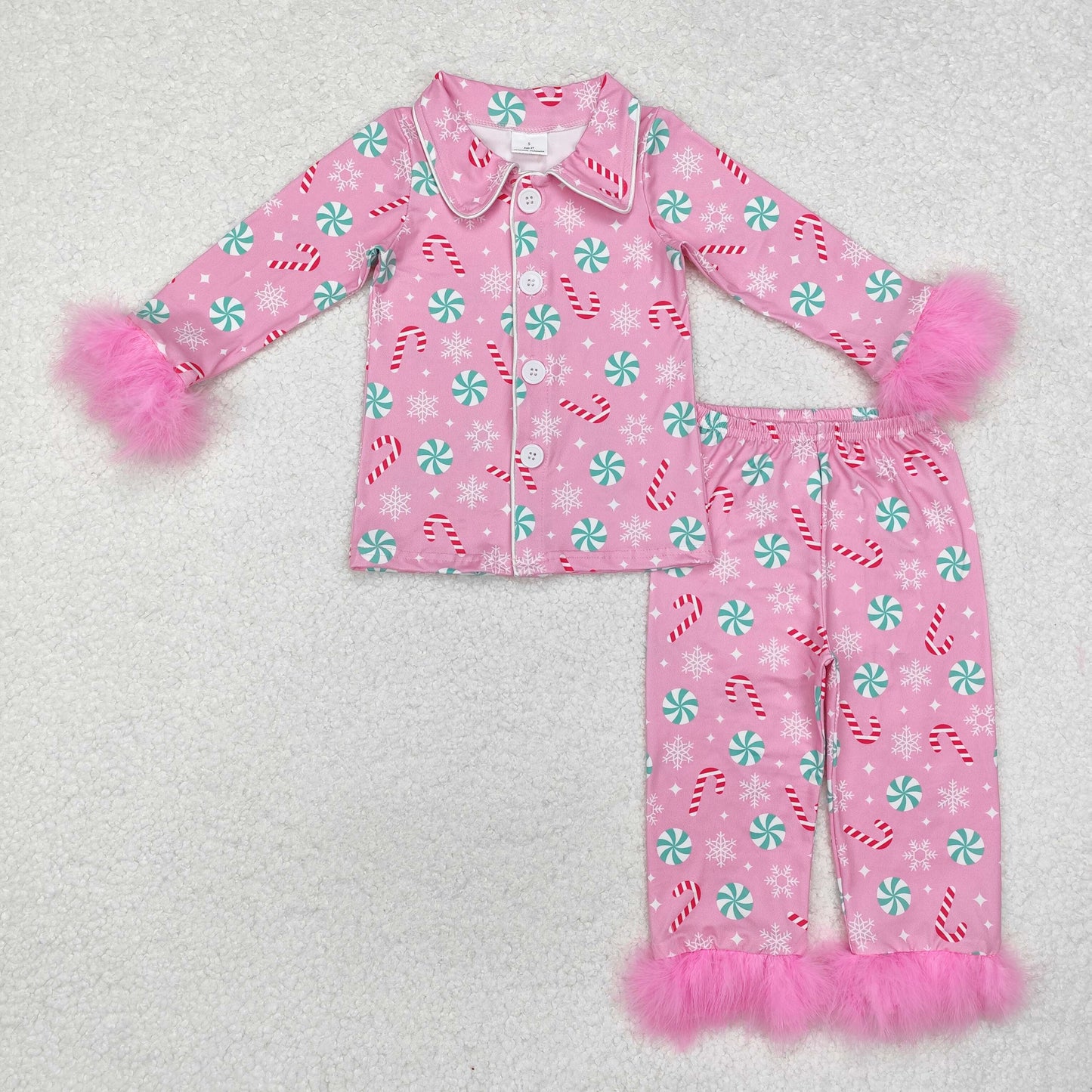 GLP2025 Candy Cane Pink Print Girls Christmas Buttons Fur Pajamas Clothes Set