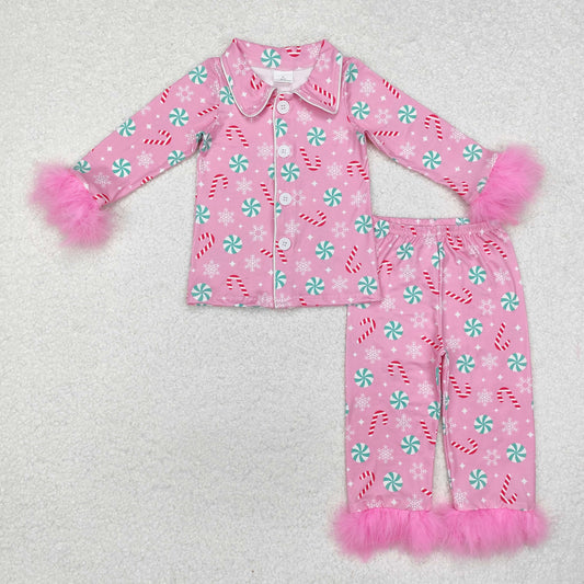 GLP2025 Candy Cane Pink Print Girls Christmas Buttons Fur Pajamas Clothes Set