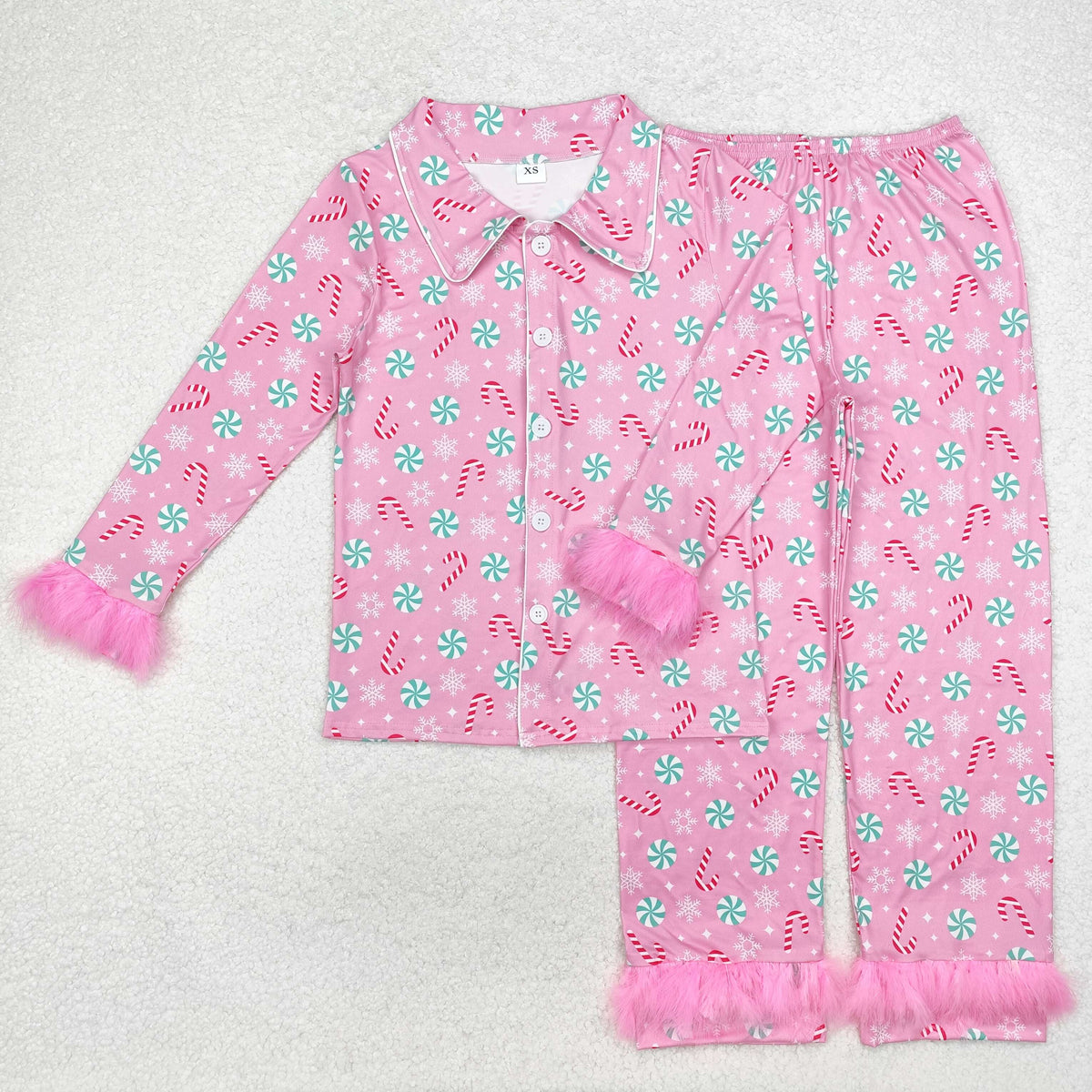 Mama and Me Pink Candy Cane Button Top Pants Christmas Fur Pajamas Sets