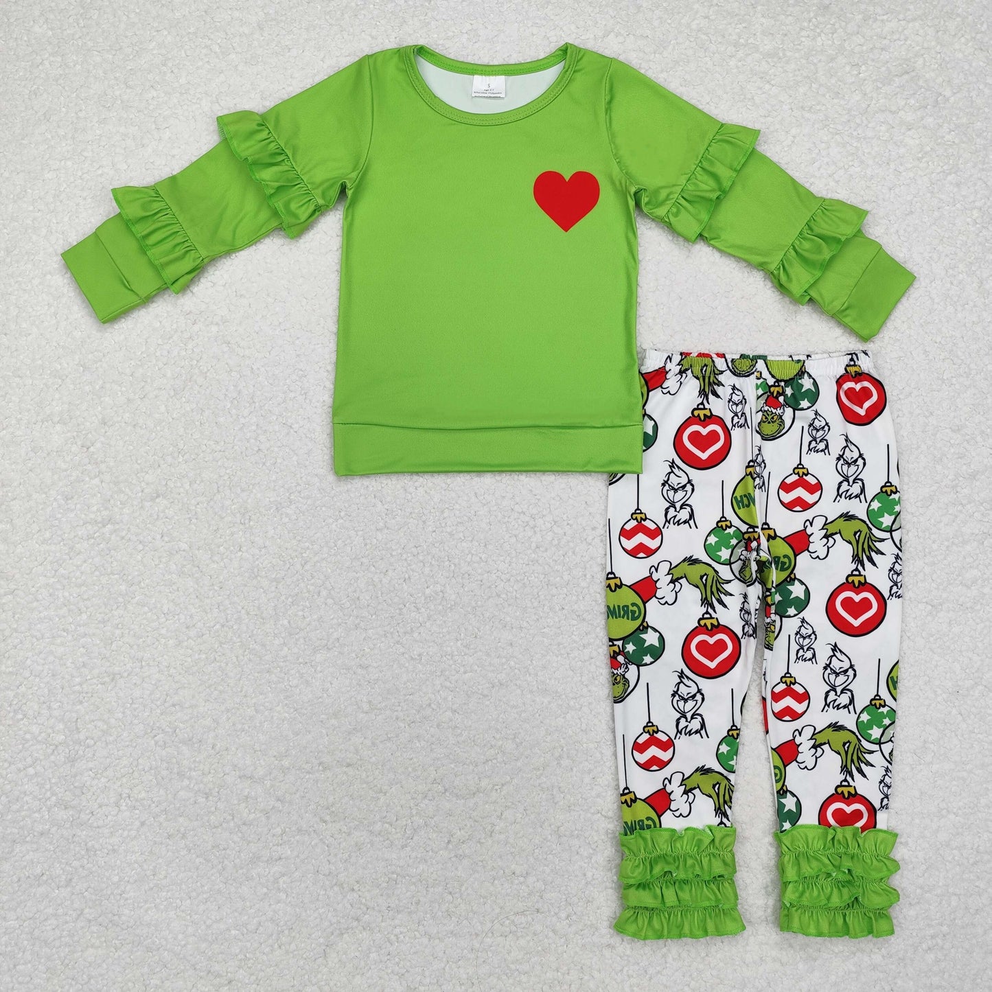 GLP2089 Heart Ruffles Top Green Frog Pants Girls Christmas Clothes Set