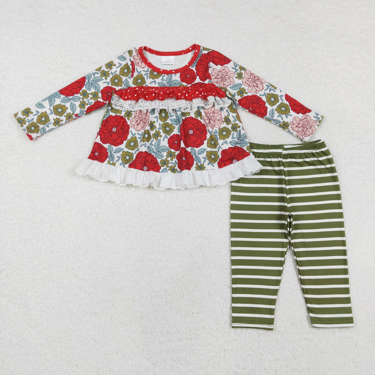 GLP2099 Flowers Ruffles Tunic Top Stripes Pants Girls Christmas Clothes Set