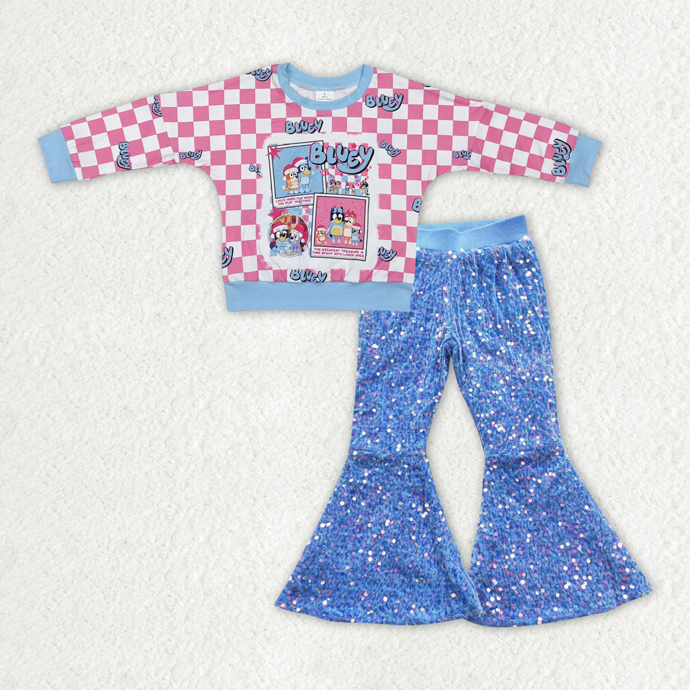 GLP2139 Cartoon Dog Checkered Top Blue Sequin Bell Pants Girls Christmas Clothes Set