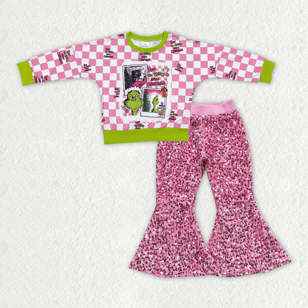 GLP2141 Green Frog Checkered Top Pink Sequin Bell Pants Girls Christmas Clothes Set