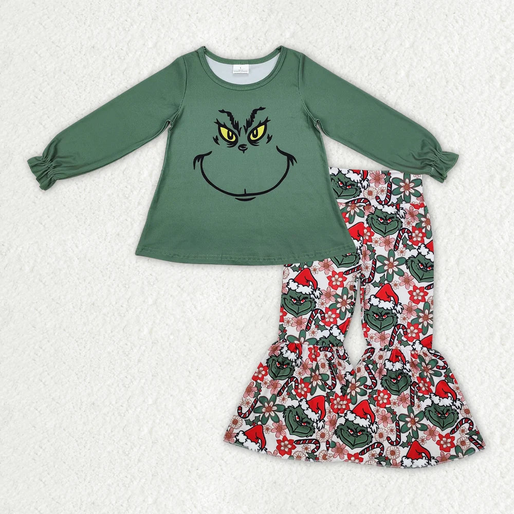 Sibling Baby Girls Santa Snowman Green Face Tunic Pants Christmas Clothes Sets