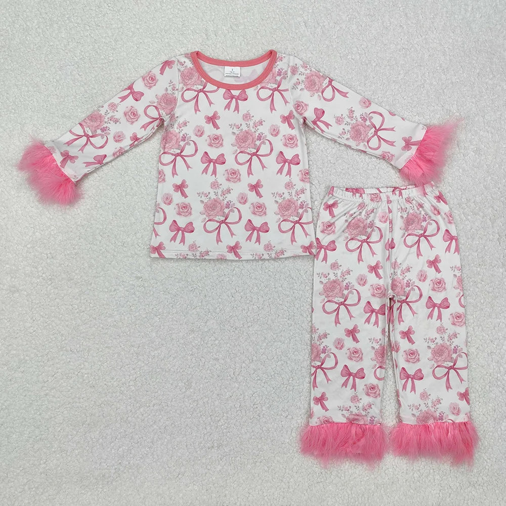 Sibling Girls  Valentine Bow Heart Long Sleeve Pajama Set