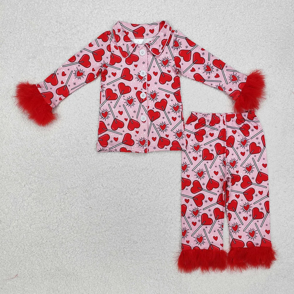 Sibling Girls  Valentine Bow Heart Long Sleeve Pajama Set