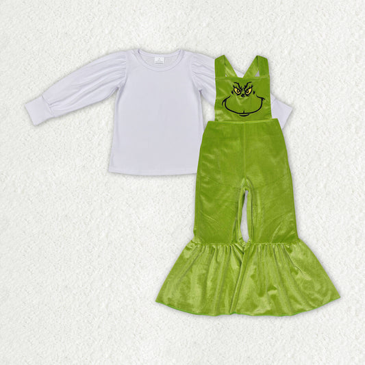 GLP2277 White Top Green Frog Smiling Embroidery Velvet Overall Jumpsuits Girls Christmas Clothes Set