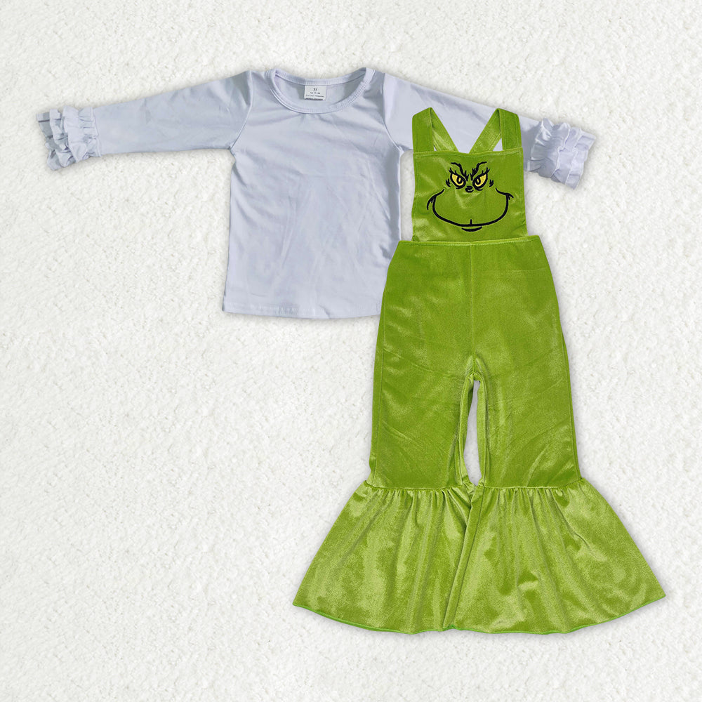 GLP2278 White Top Green Frog Smiling Embroidery Velvet Overall Jumpsuits Girls Christmas Clothes Set