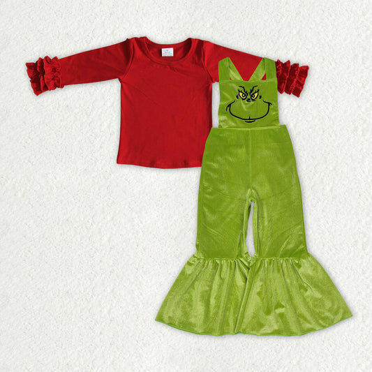 GLP2279 Red Top Green Frog Smiling Embroidery Velvet Overall Jumpsuits Girls Christmas Clothes Set