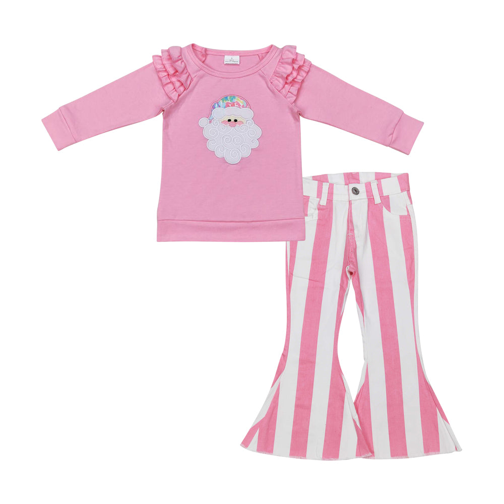 GLP2288 Santa Embroidery Pink Top Stripes Jeans Girls Christmas Clothes Set