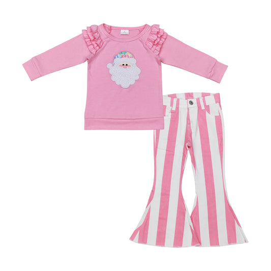 GLP2288 Santa Embroidery Pink Top Stripes Jeans Girls Christmas Clothes Set