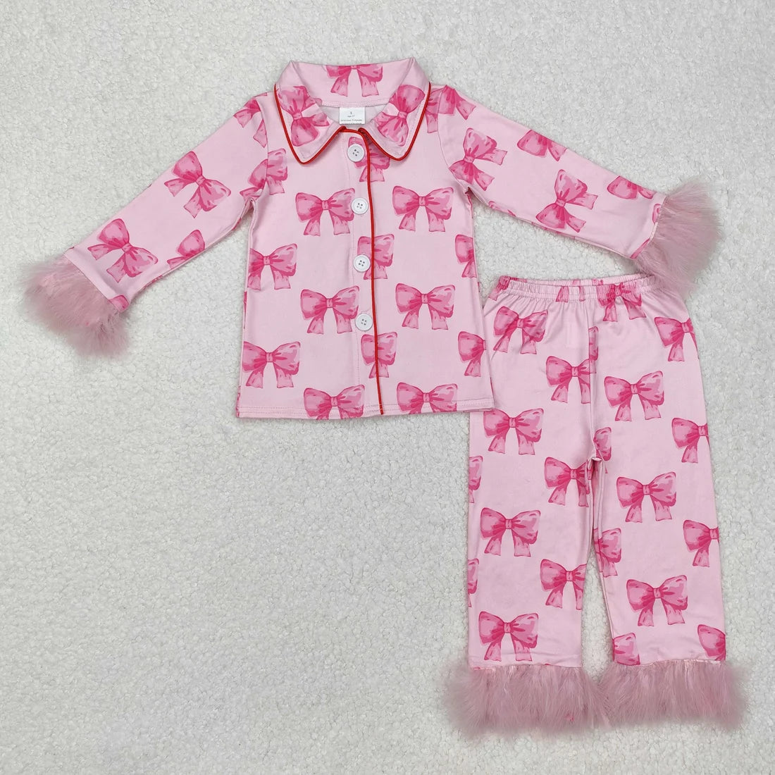Sibling Girls Bow Boots Heart Print Buttons Top Pants Pajama Set with Fur