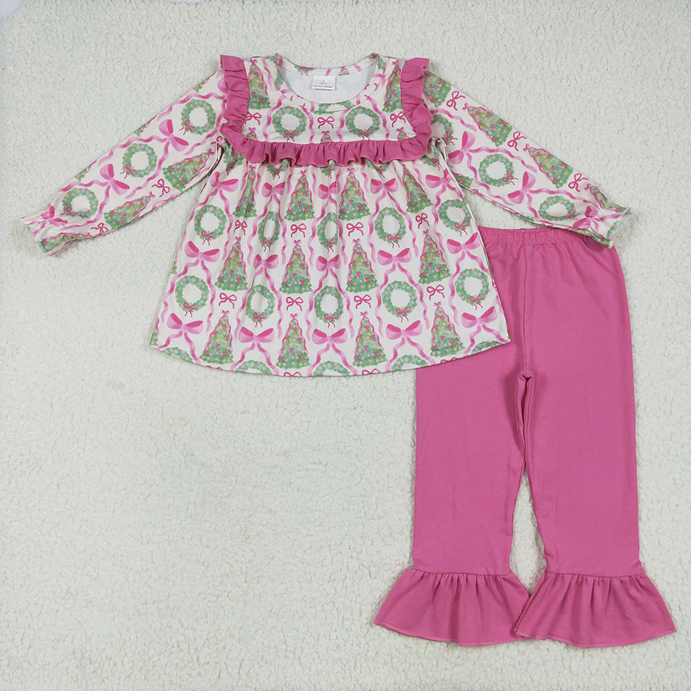 GLP2339 Tree Bows Tunic Top Pink Pants Girls Christmas Clothes Set
