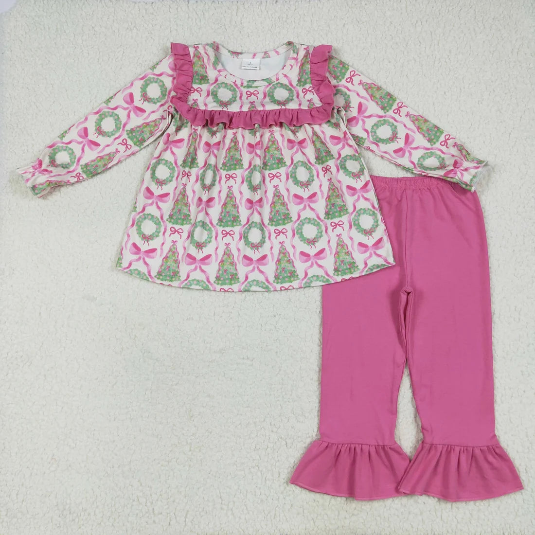Sibling Baby Girls Long Ruffle Sleeves Holly Santa Plaid Tunic Pants Christmas Set