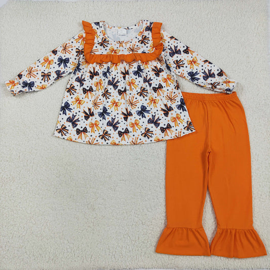 GLP2344 Bows Tunic Top Orange Pants Girls Halloween Clothes Set