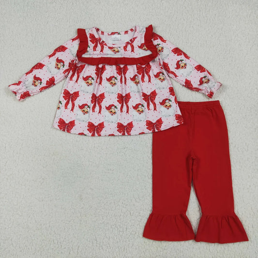 Sibling Family Mama and Girls Christmas Bows Santa Ruffle Fur Sleeve Pajamas Clothes Set Dress Rompers