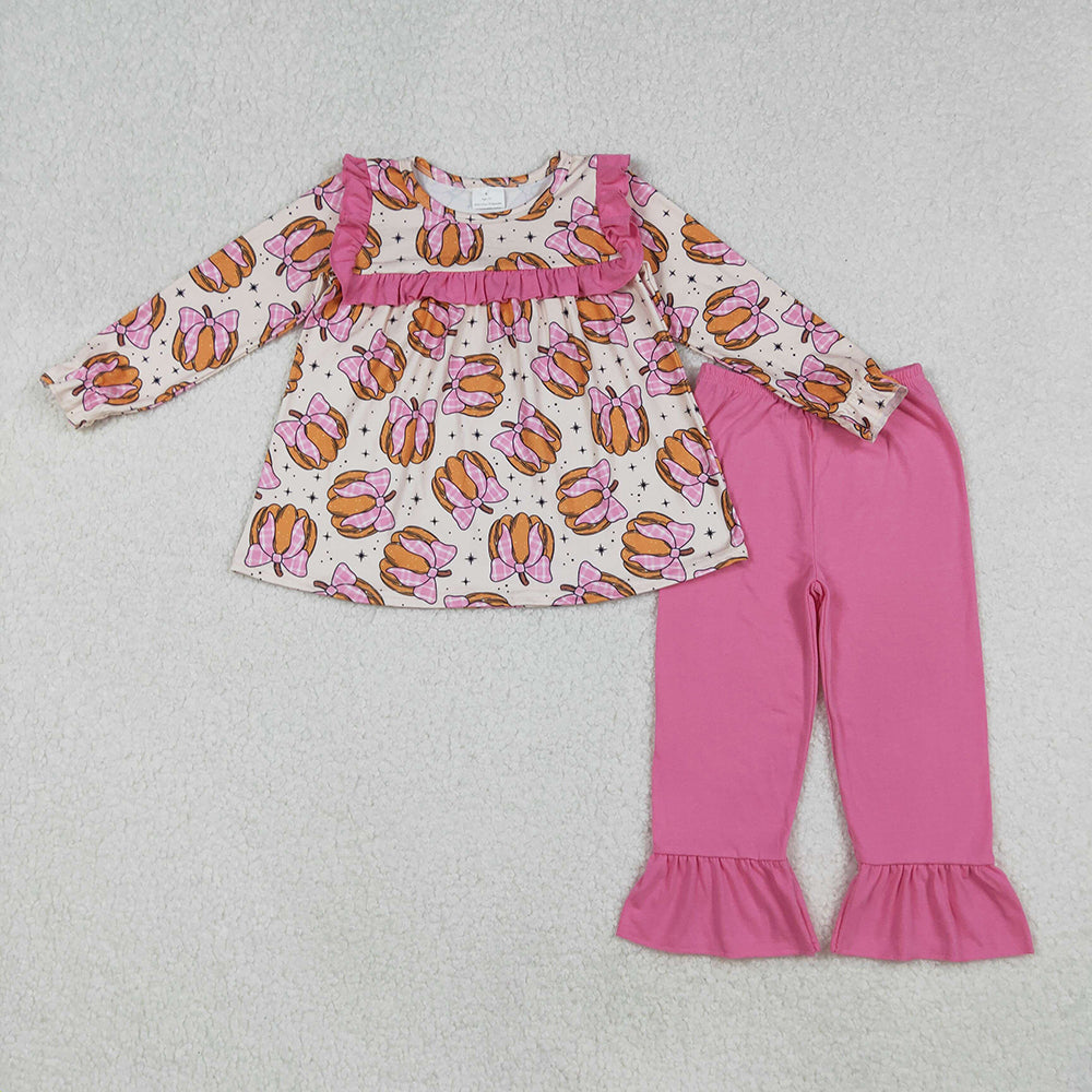 GLP2348 Pumpkin Bows Tunic Top Pink Pants Girls Fall Clothes Set