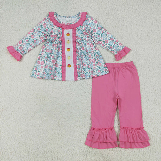GLP2352 Turkey Pumpkin Embroidery Flowers Tunic Top Pink Pants Girls Thanksgiving Clothes Set