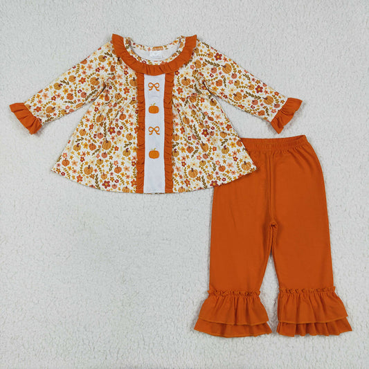 GLP2361 Pumpkin Bows Embroidery Flowers Tunic Top Ruffle Pants Girls Fall Clothes Set