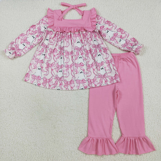 GLP2362 Ghost Bows Tunic Top Pink Pants Girls Halloween Clothes Set