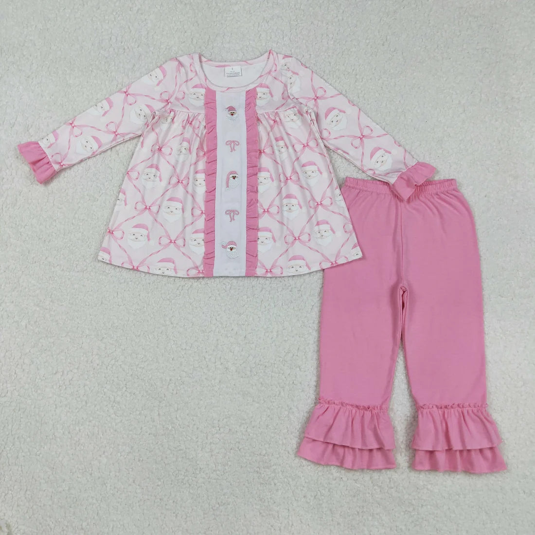 Sibling Baby Girls Embroidery Santa Nativity Candy Cane Lights Tunic Pants Christmas Clothes Sets
