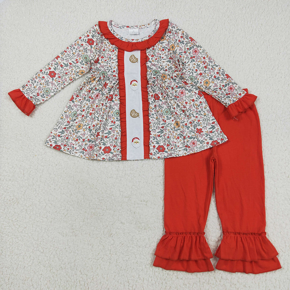 GLP2365 Cookies Santa Embroidery Flowers Tunic Top Red Ruffle Pants Girls Christmas Clothes Set