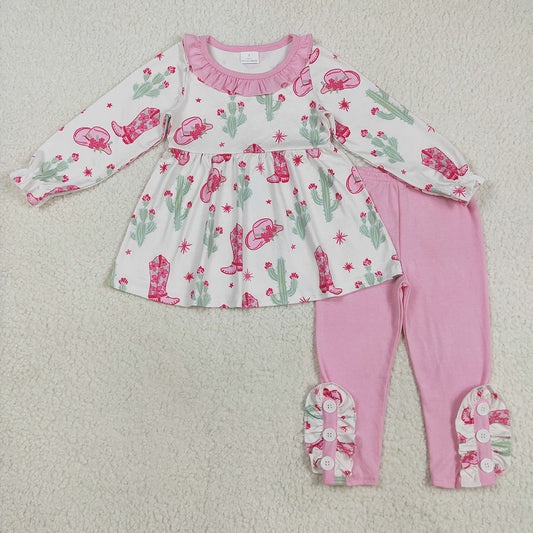 GLP2367 Boots Hat Cactus Tunic Top Pink Pants Girls Christmas Clothes Set