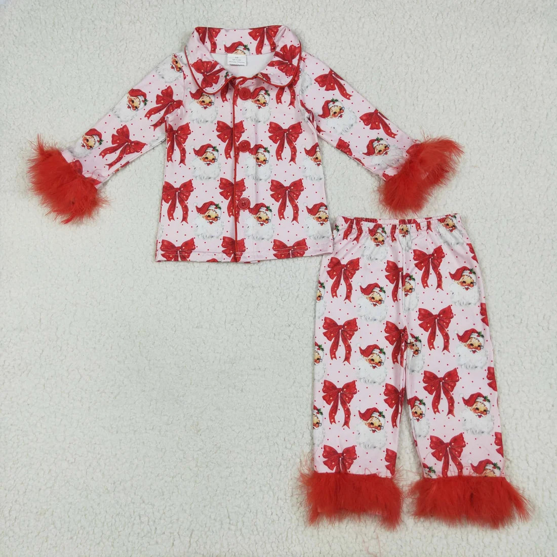 Sibling Family Mama and Girls Christmas Bows Santa Ruffle Fur Sleeve Pajamas Clothes Set Dress Rompers