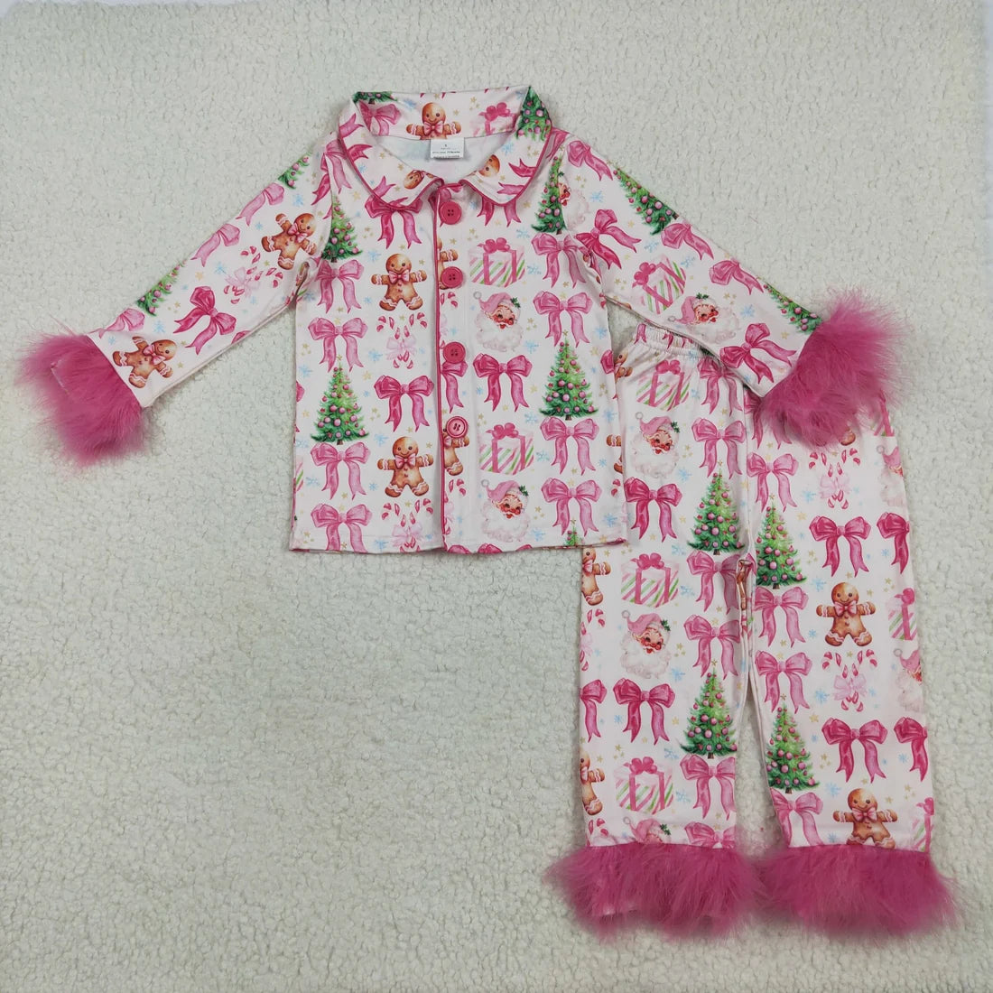 Sibling Baby Girls Sister Christmas Bows Santa Buttons Top Pants Fur Pajamas Clothes Sets