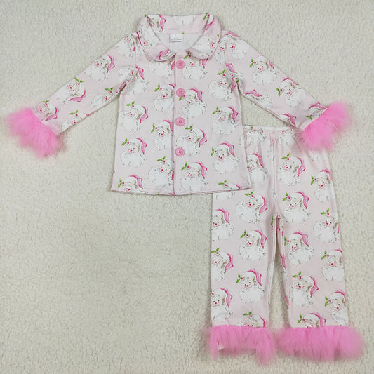 GLP2376 Santa Holly Print Girls Christmas Buttons Fur Pajamas Clothes Set